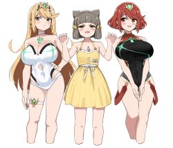 Rule 34 | 3girls, breasts, chest jewel, fried bocky, highres, large breasts, multiple girls, mythra (radiant beach) (xenoblade), mythra (xenoblade), nia (fancy sundress) (xenoblade), nia (xenoblade), pyra (pro swimmer) (xenoblade), pyra (xenoblade), simple background, swimsuit, white background, xenoblade chronicles (series), xenoblade chronicles 2