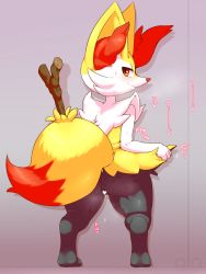 Rule 34 | 1girl, alacarte, animal ear fluff, animal ears, animal nose, anus, ass, black fur, blush, body fur, braixen, censored, closed mouth, creatures (company), female focus, fox ears, fox girl, fox tail, from behind, full body, furry, furry female, game freak, gen 6 pokemon, glint, gradient background, grey background, half-closed eyes, happy, heart, heart censor, highres, japanese text, lifting own clothes, looking back, motion lines, nintendo, pokemon, pokemon (creature), presenting, pussy, pussy juice, pussy juice drip, red eyes, simple background, smile, snout, solo, spoken heart, standing, steaming body, stick, sweat, tail, thick thighs, thighs, translation request, white fur, yellow fur