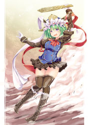 Rule 34 | 1girl, adapted costume, arm up, ascot, blue eyes, boots, brown thighhighs, cross-laced footwear, full body, gloves, green hair, groin, hat, hat ribbon, highres, ichirino minagi, juliet sleeves, long sleeves, no panties, open mouth, puffy sleeves, ribbon, rod of remorse, shiki eiki, shirt, skirt, smile, solo, thighhighs, touhou, upskirt, white gloves
