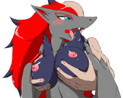 Rule 34 | 1boy, 1girl, animal ears, artist request, bald, blue eyes, blush, breasts, claws, creatures (company), faceless, faceless male, fangs, furry, game freak, gen 5 pokemon, grabbing, grabbing another&#039;s breast, half-closed eyes, hand up, hetero, large breasts, long hair, looking back, multicolored hair, navel, nintendo, nipples, open mouth, pokemon, pokemon (creature), pokemon bw, red hair, simple background, teeth, two-tone hair, upper body, white background, wolf ears, zoroark