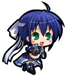 Rule 34 | 00s, 1girl, :d, ahoge, armor, armored boots, belt, blush stickers, boots, buckle, chibi, full body, headband, knee boots, knee pads, looking at viewer, lowres, lyrical nanoha, mahou shoujo lyrical nanoha, mahou shoujo lyrical nanoha strikers, open mouth, revolver knuckle, running, simple background, smile, solo, subaru nakajima, white background