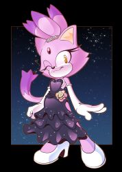 Rule 34 | 1girl, absurdres, animal ears, blaze the cat, cat ears, cat girl, cat tail, clenched hand, dress, elbow gloves, forehead jewel, furry, furry female, gloves, highres, looking at viewer, novika, off-shoulder dress, off shoulder, one eye closed, side slit, smile, sonic (series), tail, topknot, white footwear, yellow eyes