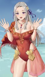 Rule 34 | 1girl, amayo thranana, blue sky, breasts, cleavage, covered navel, edelgard von hresvelg, fire emblem, fire emblem: three houses, fire emblem heroes, frilled one-piece swimsuit, frills, grey hair, hair ornament, hair ribbon, highres, jewelry, long hair, looking at viewer, medium breasts, necklace, nintendo, ocean, official alternate costume, one-piece swimsuit, outdoors, parted bangs, partially submerged, purple eyes, red one-piece swimsuit, ribbon, sky, smile, solo, standing, swimsuit, wading, water