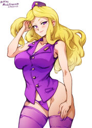 Rule 34 | advance wars, artist name, blonde hair, blush, breasts, cowboy shot, dated, hand in own hair, large breasts, long hair, looking at viewer, mina cream, nell (advance wars), no pants, panties, purple eyes, purple panties, purple vest, signature, sleeveless, smirk, thighhighs, underwear, uniform, vest