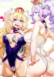 Rule 34 | 2girls, alternate costume, arm up, armpits, artist name, ass, back, blonde hair, blue eyes, blush, bowsette, breasts, chromatic aberration, cleavage, closed mouth, colored eyelashes, commentary, cowboy shot, dan evan, dated, earrings, fangs, fingernails, from behind, from side, hair between eyes, hair down, halterneck, hand to own mouth, hands on own hips, heart, heart earrings, horns, jewelry, large breasts, leotard, long fingernails, long hair, looking at viewer, luigi&#039;s mansion, mario (series), md5 mismatch, multiple girls, new super mario bros. u deluxe, nintendo, open mouth, parted bangs, pointy ears, ponytail, princess king boo, purple hair, red eyes, resolution mismatch, revision, sharp teeth, sideways mouth, simple background, smile, source larger, sparkle, spoken heart, standing, super crown, symbol-only commentary, teeth, tongue, tongue out, very long hair, watermark, wavy hair, white background