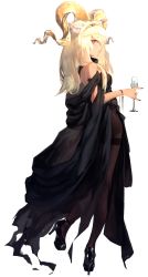 Rule 34 | 1girl, absurdres, alternate hairstyle, animal ears, arknights, bare shoulders, beeswax (arknights), black footwear, black nails, black pantyhose, black shawl, blonde hair, bracelet, brown hairband, champagne flute, closed mouth, cup, drink, drinking glass, formal, from side, full body, goat ears, goat horns, hairband, high heels, highres, holding, holding drink, horns, jewelry, long hair, looking at viewer, looking back, nail polish, orange eyes, pantyhose, profile, ribiadan, shawl, shiny skin, solo, standing, standing on one leg, transparent background
