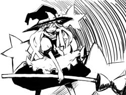 Rule 34 | 1girl, apron, braid, broom, female focus, greyscale, hat, holding, kirisame marisa, looking at viewer, luft, monochrome, puffy short sleeves, puffy sleeves, short sleeves, single braid, skirt, solo, star (symbol), touhou, vest, waist apron, witch hat
