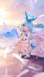 Rule 34 | 1girl, arona (blue archive), bare shoulders, beach, bikini, blue archive, blue eyes, blue hair, blue sky, bow hairband, breasts, colored inner hair, hairband, halo, highres, looking at viewer, multicolored hair, orange sky, pink hair, sandals, shore, short hair, sky, small breasts, smile, solar (happymonk), solo, squatting, swimsuit, twilight, two-tone hair, white hairband