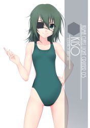 Rule 34 | 1girl, alternate costume, artist name, character name, commentary request, competition swimsuit, cowboy shot, eyepatch, flat chest, green eyes, green hair, green one-piece swimsuit, hair between eyes, hand on own hip, highres, inaba shiki, kantai collection, kiso (kancolle), looking at viewer, one-piece swimsuit, one eye covered, parted bangs, short hair, simple background, smile, solo, swimsuit, wavy mouth, white background
