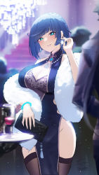 Rule 34 | 1girl, aqua eyes, bag, black thighhighs, blue dress, blue hair, bracelet, breasts, cleavage, cleavage cutout, clothing cutout, dress, earrings, fukuro daizi, fur scarf, genshin impact, hair behind ear, handbag, highres, holding, holding bag, jewelry, large breasts, looking at viewer, pelvic curtain, scarf, smile, solo focus, thighhighs, tray, unfinished, white scarf, yelan (genshin impact)