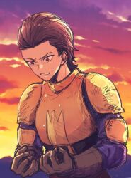 Rule 34 | 1boy, angry, armor, brown hair, cloud, delita heiral, dusk, final fantasy, final fantasy tactics, highres, leather armor, looking at hands, male focus, red eyes, rie chiaki, sky, solo, sunset, teeth, upper body