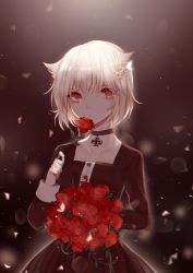 Rule 34 | 1girl, 3874384829, bismarck (warship girls r), black choker, blonde hair, bouquet, brown dress, choker, closed mouth, collarbone, cross, cross choker, cross necklace, dress, flower, hair ornament, hairclip, highres, holding, holding flower, jewelry, looking at viewer, medium hair, necklace, petals, red eyes, rose, rose petals, simple background, solo, warship girls r