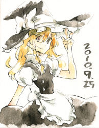 Rule 34 | 1girl, apron, bad id, bad pixiv id, black eyes, blonde hair, bow, braid, dress, female focus, hair bow, hat, highres, kirisame marisa, long hair, painting (medium), shinoasa, short sleeves, solo, touhou, traditional media, watercolor (medium), white background, witch, witch hat