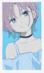 Rule 34 | 1girl, asakura toru, black choker, blue background, blue eyes, blue hair, choker, collarbone, cross-laced clothes, dress, earrings, highres, idolmaster, idolmaster shiny colors, jewelry, looking at viewer, multicolored hair, nuime, off-shoulder dress, off shoulder, open mouth, short hair, simple background, smile, solo