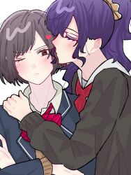 2girls asahina_mafuyu black_shirt blue_jacket blush brown_eyes brown_hair closed_eyes closed_mouth commentary_request hand_on_another&#039;s_shoulder heart jacket kiss kissing_cheek long_hair multiple_girls one_eye_closed ponytail project_sekai purple_hair rozhenmargatroi sailor_collar school_uniform serafuku shinonome_ena shirt simple_background white_background white_sailor_collar yuri