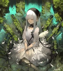 Rule 34 | 1girl, closed eyes, closed mouth, dated, dress, feathers, grey hair, grey legwear, head scarf, highres, long hair, making-of available, original, outdoors, overgrown, pond, rayvon, sitting, sleeves past elbows, solo, white dress, yokozuwari