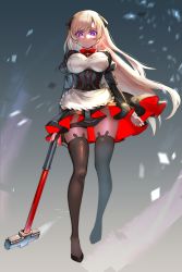 Rule 34 | 1girl, bad id, bad pixiv id, black dress, black thighhighs, blonde hair, breasts, commission, dano, dress, full body, g3 (battlefield baker) (girls&#039; frontline), g3 (girls&#039; frontline), girls&#039; frontline, hair ornament, highres, large breasts, long hair, long sleeves, official alternate costume, pixiv commission, purple eyes, short dress, solo, thighhighs