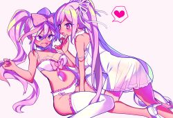 Rule 34 | 2girls, annoyed, arm between legs, bare arms, bare shoulders, bow, bow bra, bow panties, bra, breasts, choker, cleavage, dual persona, earrings, fangs, feet out of frame, frilled bra, frilled choker, frilled panties, frilled thighhighs, frills, garter straps, hair between eyes, hair ribbon, heart, highres, hole on body, jewelry, legwear garter, lingerie, long hair, looking at another, multiple girls, nail polish, omori, open mouth, panties, perfectheart (omori), pink bow, pink eyes, pink hair, pink nails, pink ribbon, pink trim, polka dot, polka dot ribbon, ribbon, see-through, selfcest, sleeveless, smile, spoken heart, strap slip, stylishtrash, sweetheart (omori), tan, thighhighs, twintails, underwear, v-shaped eyebrows, white background, white bra, white choker, white footwear, white panties, white ribbon, white thighhighs, yuri