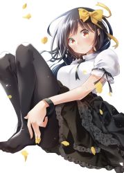 Rule 34 | 1girl, black hair, black pantyhose, black skirt, blouse, blush, bow, closed mouth, commentary request, hair bow, highres, holding, holding petal, igarashi masakuni, knees up, lace, lace-trimmed skirt, lace trim, long hair, looking at viewer, no shoes, official art, pantyhose, petals, puffy short sleeves, puffy sleeves, red eyes, senryuu shoujo, shirt, short sleeves, simple background, sitting, skirt, solo, white background, white shirt, wristband, yellow bow, yukishiro nanako