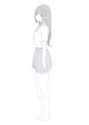 Rule 34 | 1girl, arms at sides, blue eyes, blue neckerchief, blunt bangs, closed mouth, colored skin, expressionless, full body, grey hair, grey sailor collar, grey skirt, highres, kneehighs, long hair, looking at viewer, natuich, neckerchief, original, pleated skirt, sailor collar, school uniform, serafuku, short sleeves, sidelocks, sideways glance, simple background, skirt, socks, solo, tachi-e, white background, white serafuku, white skin, white socks