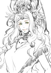Rule 34 | 1girl, aztec, blush, breasts, closed mouth, collar, fate/grand order, fate (series), feathers, gem, green eyes, greyscale, head tilt, headband, headdress, jewelry, large breasts, lips, long hair, looking at viewer, monochrome, pink lips, quetzalcoatl (fate), simple background, smile, solo, spot color, tenobe, upper body, white background