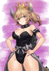 Rule 34 | 1girl, absurdres, armlet, bare shoulders, black leotard, blonde hair, blue eyes, blush, bowsette, breasts, c2h6o, cleavage, collar, cowboy shot, doyagao, earrings, gluteal fold, hands on own hips, highleg, highleg leotard, highres, horns, huge filesize, jewelry, large breasts, leotard, mario (series), new super mario bros. u deluxe, nintendo, pointy ears, ponytail, shell, showgirl skirt, smug, solo, sparkle, spiked armlet, spiked collar, spikes, super crown, tail, v-shaped eyebrows, wide hips