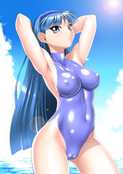 Rule 34 | 1990s (style), 1girl, armpits, arms behind head, arms up, blue eyes, blue hair, blue hairband, blue theme, blunt ends, breasts, cameltoe, cleft of venus, cloud, covered erect nipples, covered navel, day, hairband, highleg, highleg swimsuit, impossible clothes, impossible swimsuit, large breasts, lens flare, lips, long hair, magic knight rayearth, matching hair/eyes, ocean, one-piece swimsuit, pussy, retro artstyle, ryuuzaki umi, sakura ryuuken, shiny clothes, skin tight, sky, solo, standing, sunlight, swimsuit, water