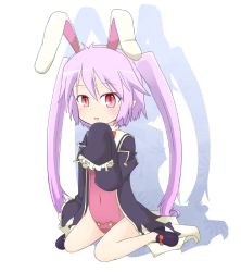 Rule 34 | 1girl, animal ears, bare legs, covered navel, ingrid sorveig sorgrims, leotard, long hair, looking at viewer, lotte no omocha!, naya, open mouth, pointy ears, purple hair, rabbit ears, red eyes, robe, shadow, shoes, simple background, sitting, sleeves past wrists, solo, twintails, very long hair, wariza, white background