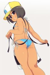Rule 34 | 10s, 1girl, apron, ass, baseball cap, bikini, brown eyes, brown hair, female focus, flat ass, flat chest, from behind, gradient background, hat, kneepits, legs, looking back, naughty face, om (nk2007), short hair, side-tie bikini bottom, smile, solo, swimsuit, tan, yamaguchi mika, youkai watch