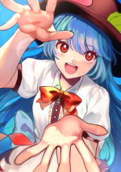 Rule 34 | 1girl, black headwear, blue background, blue hair, bow, bowtie, center frills, commentary request, frills, highres, hinanawi tenshi, long hair, looking at viewer, open mouth, peach hat ornament, red bow, red bowtie, red eyes, short sleeves, simple background, solo, tang ben huan dou, teeth, touhou, upper teeth only