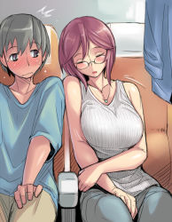Rule 34 | 00s, 1boy, 1girl, aged up, aircraft, airplane, airplane interior, bespectacled, black eyes, blush, breasts, brown hair, closed eyes, full-face blush, glasses, jewelry, large breasts, necklace, rozen maiden, short hair, sitting, sleeping, souseiseki, sweat, tank top, train, train interior, tsuda nanafushi