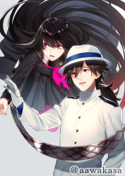 Rule 34 | 1boy, 1girl, :d, black eyes, black hair, black shirt, black skirt, brown hair, brown scarf, commentary request, fate/grand order, fate (series), flying, gloves, gradient hair, grey background, hair between eyes, hand up, hat, head tilt, jacket, long hair, long sleeves, multicolored hair, neckerchief, open mouth, oryou (fate), pantyhose, pink neckerchief, pink pantyhose, pleated skirt, red eyes, red hair, ryuuki (hydrangea), sakamoto ryouma (fate), scarf, shirt, simple background, skirt, smile, standing, torn clothes, torn neckerchief, twitter username, very long hair, white gloves, white hat, white jacket