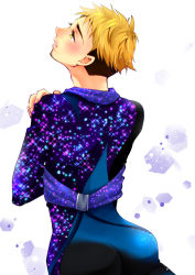 Rule 34 | 10s, 1boy, blonde hair, brown hair, christophe giacometti, facial hair, from behind, green eyes, hotbuggy, looking up, male focus, multicolored hair, smile, sparkle, two-tone hair, yuri!!! on ice