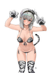 Rule 34 | 1girl, absurdres, animal hands, bikini, blue eyes, breasts, c-da, claw pose, claws, clothes writing, commentary request, cowboy shot, front-tie bikini top, front-tie top, gloves, gluteal fold, headband, highres, kantai collection, large breasts, light blush, long hair, looking at viewer, one side up, paw gloves, side-tie bikini bottom, signature, silver hair, simple background, solo, suzutsuki (kancolle), swimsuit, thighhighs, white background, white tiger print