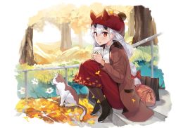 Rule 34 | 1girl, animal, bag, black footwear, blush, boots, bow, brown coat, brown pantyhose, cat, closed eyes, coat, coffee cup, commentary request, cup, disposable cup, fake horns, fate/grand order, fate (series), flower, ginkgo leaf, ginkgo tree, hair between eyes, hair bow, hat, holding, holding cup, horned headwear, horns, jehyun, leaf, long hair, long skirt, looking at viewer, oni, oni horns, open clothes, open coat, pantyhose, parted lips, railing, red bow, red eyes, red hat, red skirt, shirt, silver hair, sitting, sitting on stairs, skirt, solo, stairs, stone stairs, tomoe gozen (fate), tree, very long hair, white flower, white shirt