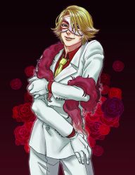Rule 34 | 1boy, 74-gou (73-gou), arbitro, blue eyes, feather boa, flower, formal, gloves, male focus, mask, necktie, red eyes, red rose, rose, solo, suit, togainu no chi