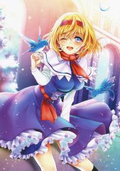 Rule 34 | 1girl, absurdres, alice margatroid, bird, bird on hand, blonde hair, blue dress, blue eyes, blush, breasts, capelet, dress, female focus, frills, hairband, highres, huge filesize, large breasts, long sleeves, necktie, non-web source, one eye closed, ribbon, rimu (kingyo origin), sash, scan, short hair, smile, solo, touhou