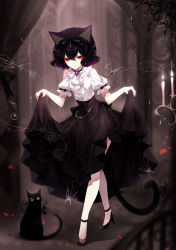 Rule 34 | 1girl, absurdres, animal ears, artist name, ascot, bare shoulders, black cat, black footwear, black hair, black skirt, blouse, brooch, candle, cat, cat ears, clothing cutout, curtains, curtsey, eyelashes, frilled shirt collar, frills, full body, hair between eyes, high heels, highres, jewelry, nail polish, original, petals, puffy short sleeves, puffy sleeves, pumps, red eyes, red nails, rose petals, sheya, shirt, short hair, short sleeves, shoulder cutout, signature, skirt, smile, solo, standing, white ascot, white shirt