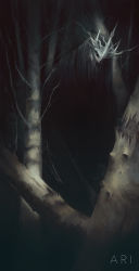 Rule 34 | ari ibarra, artist name, bare tree, branch, dark, forest, highres, looking at viewer, mask, monster, nature, no humans, original, standing, torn, torn clothes, tree