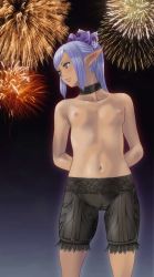 Rule 34 | 00s, 1girl, arms behind back, bike shorts, blush, bow, breasts, cameltoe, choker, cloritin, collarbone, elf, elvaan, final fantasy, final fantasy xi, fireworks, hair bow, highres, lips, navel, nipples, open mouth, pointy ears, ponytail, prishe, purple eyes, purple hair, small breasts, solo, standing, topless
