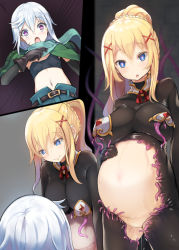 Rule 34 | 1girl, :o, amekosame, arm at side, belt, belt buckle, big belly, black bodysuit, blonde hair, blue eyes, blue scarf, blush, bodysuit, breasts, bright pupils, buckle, capelet, chris (konosuba), closed mouth, collar, comic, cowboy shot, darkness (konosuba), emphasis lines, gluteal fold, gold trim, hair between eyes, hair ornament, hand on own stomach, hand up, heart, heart-shaped pupils, kono subarashii sekai ni shukufuku wo!, large breasts, leaning forward, living clothes, long hair, navel, open mouth, outie navel, pasties, ponytail, purple eyes, pussy juice, scar, scar on face, scarf, short hair, silent comic, silver hair, skin tight, smile, standing, stomach, stomach bulge, surprised, symbol-shaped pupils, tentacles, x hair ornament