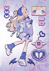 Rule 34 | ..., 1girl, :3, bag, blonde hair, blue eyes, blue headwear, blue ribbon, blue shirt, blue socks, blush stickers, bracelet, character sheet, child, close-up, closed mouth, clothing cutout, detached wings, floating hair, frilled bracelet, from side, full body, glitch, hand up, headwear request, heart, heart-shaped eyes, heart background, hidari (nanmu-left), highres, holding, holding bag, jewelry, light blue background, long hair, looking at viewer, looking to the side, loose socks, miniskirt, neck ribbon, open mouth, original, puffy short sleeves, puffy sleeves, ribbon, school bag, shirt, shoes, short sleeves, skirt, smile, socks, solo, speech bubble, standing, standing on one leg, striped clothes, striped socks, tamagotchi, tareme, white bag, white footwear, white skirt, wings
