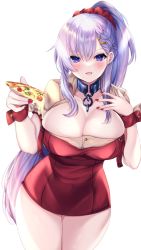 Rule 34 | 1girl, absurdres, azur lane, beige shirt, belfast (azur lane), belfast (piping-hot perfection) (azur lane), braid, breasts, broken, broken chain, chain, chain, cleavage, cleavage cutout, clothing cutout, dress, food, french braid, hair between eyes, highres, holding, holding food, holding pizza, light purple hair, looking at viewer, microdress, nail polish, pizza, ponytail, purple eyes, red dress, red nails, red scrunchie, sami (rinsenana), scrunchie, simple background, solo, waitress, white background, wrist cuffs