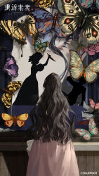 Rule 34 | 1girl, absurdres, black hair, bug, butterfly, copyright name, copyright notice, cowboy shot, curly hair, dress, facing away, from behind, highres, holding, holding knife, insect, isolde (reverse:1999), knife, logo, long hair, official art, official wallpaper, pink dress, reverse:1999, silhouette, solo, stab, standing, too many, too many butterflies, window