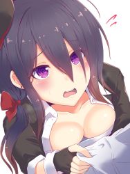 Rule 34 | 1girl, 1other, absurdres, ariake (kancolle), black gloves, black hat, blush, bow, breast press, breasts, cleavage, commentary request, fingerless gloves, gloves, gradient hair, hair between eyes, hair bow, hair over one eye, hat, highres, kantai collection, koumei (twinameless), long hair, long sleeves, looking at viewer, low ponytail, medium breasts, multicolored hair, open mouth, purple eyes, purple hair, solo