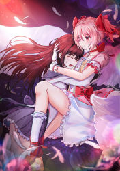 Rule 34 | 2girls, absurdres, akemi homura, black hair, capelet, comforting, crying, dress, falling feathers, feathers, frilled skirt, frilled sleeves, frills, gloves, hairband, highres, holding another&#039;s head, hug, humany, kaname madoka, long hair, magical girl, mahou shoujo madoka magica, mahou shoujo madoka magica (anime), multiple girls, pink eyes, pink hair, pleated skirt, red footwear, revision, ribbon, sad, short hair, short sleeves, short twintails, skirt, smile, socks, tears, twintails, white gloves, white legwear