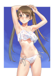 Rule 34 | 1girl, arms up, bikini, brown eyes, brown hair, commentary request, contrapposto, cowboy shot, derivative work, floral print, frilled bikini, frills, highres, katahira masashi, looking at viewer, navel, original, side-tie bikini bottom, solo, standing, swimsuit, twintails, white background, white bikini