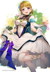 Rule 34 | 1girl, :d, anklet, barefoot, blush, breasts, brown hair, capelet, dress, gloves, highres, jewelry, koizumi hanayo, long dress, love live!, love live! school idol festival, love live! school idol project, medium breasts, nakano maru, open mouth, purple eyes, short hair, skin tight, skirt hold, sleeveless, sleeveless dress, smile, solo, swept bangs, teeth, twitter username, upper teeth only, white capelet, white dress, white gloves