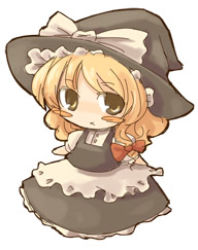 Rule 34 | 1girl, 7010, blonde hair, bow, brown hair, chibi, female focus, full body, hat, kirisame marisa, lowres, simple background, skirt, solo, touhou, white background, witch, witch hat, yellow eyes