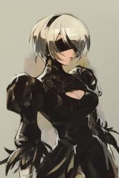 Rule 34 | 1girl, 2b (nier:automata), black blindfold, black dress, black hairband, blindfold, breasts, cleavage, cleavage cutout, clothing cutout, covered eyes, dress, feather-trimmed sleeves, hairband, juliet sleeves, large breasts, long sleeves, narrow waist, nier:automata, nier (series), optionaltypo, puffy sleeves, silver hair, solo, standing, turtleneck, turtleneck dress, upper body, vambraces